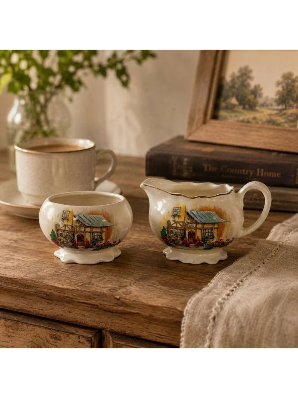 Lancaster Sandland Creamer & Sugar Bowl Set English Ware Cottage Gold Trim VTG